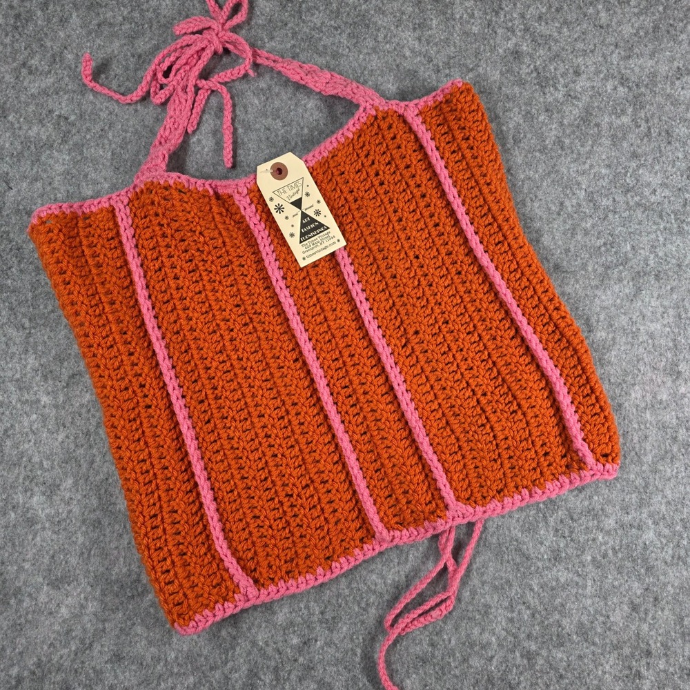 Far Out Crochet‎ Halter Top Corset Orange Pink Striped Handmade Tie back Medium